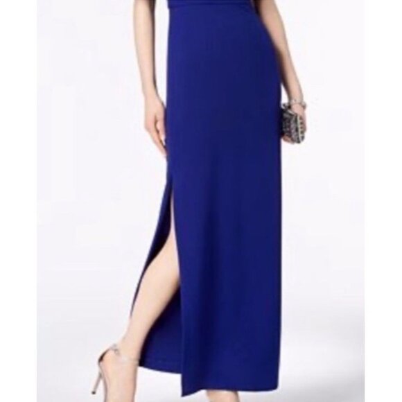 BETSY & ADAM Ruffled One Shoulder Maxi Gown Dress in Cobalt Blue Size 8 - Picture 2 of 9